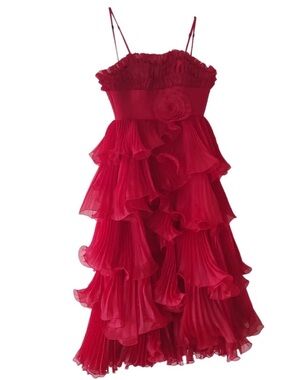 Pronovias Barcelona Red Strapless Ruffled Tiered Cocktail Dress